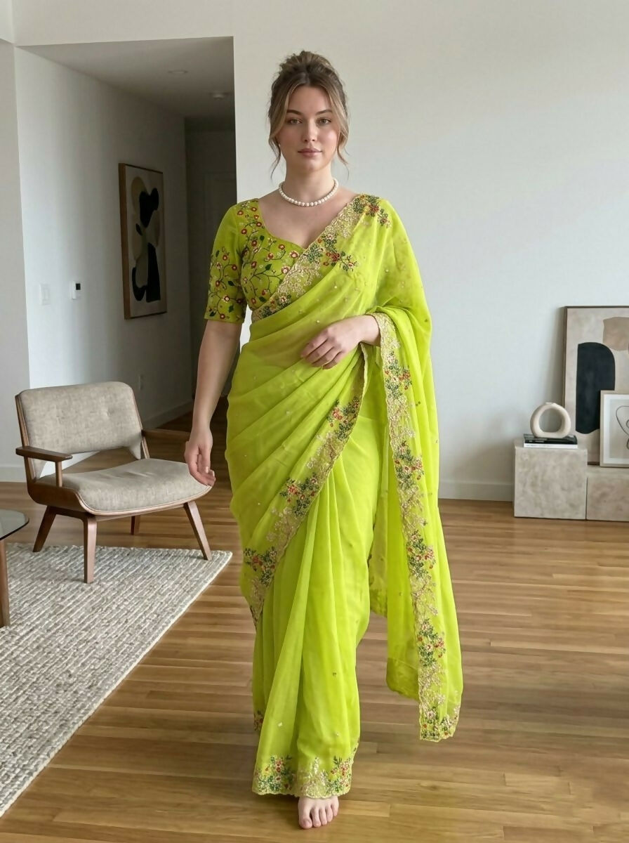 Teeya Creation New Stylish Trendy Party Wear Saree-Dark_Parrot_Green