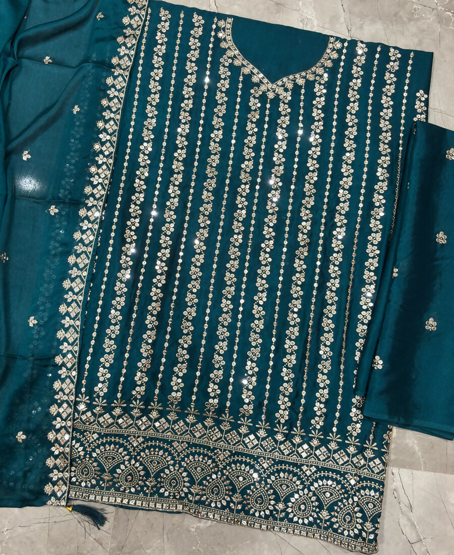 KC Latest Cocktail Wear Aqua Blue Chinon Sharara Suit For Women