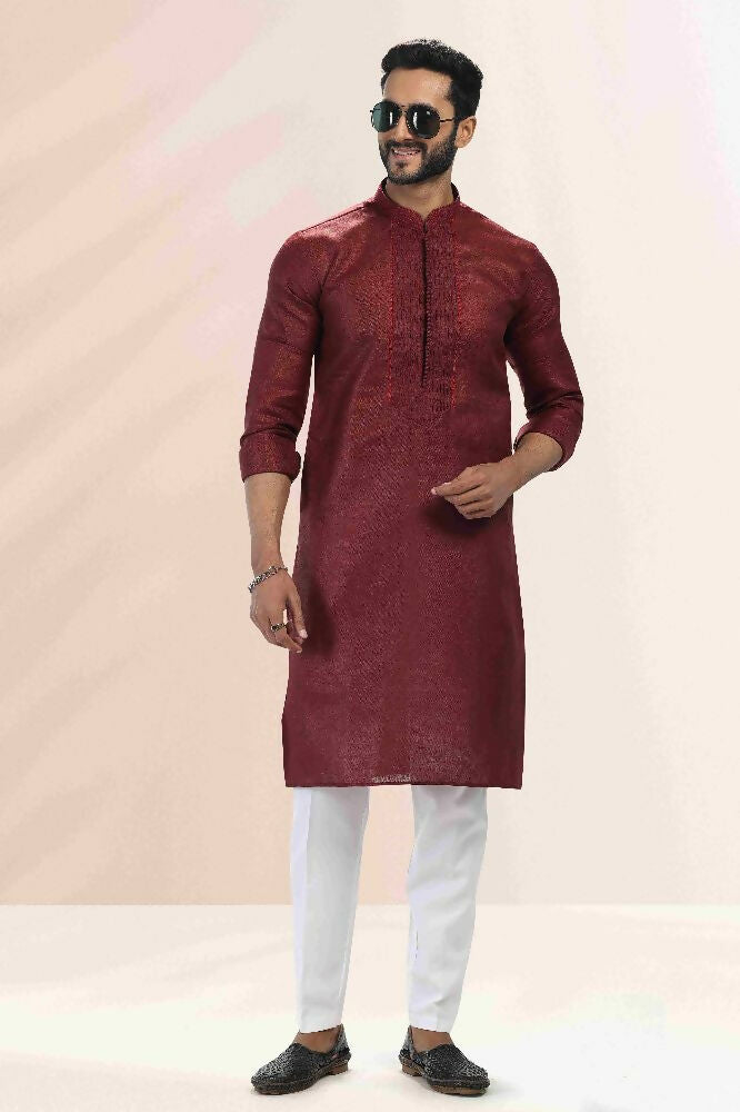 Raivat Ethnic Linen Cotton Pintux Work Kurta Pajama In Maroon Colour