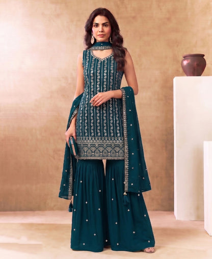 KC Latest Cocktail Wear Aqua Blue Chinon Sharara Suit For Women