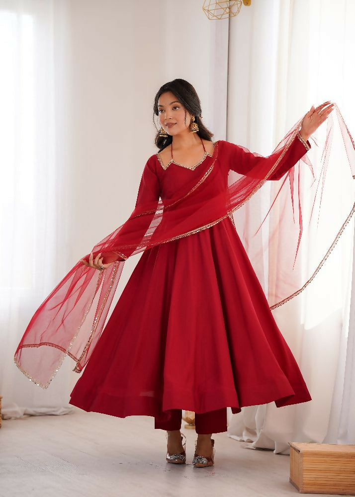 The52 Women's Gorgeous Embroidery Work Roman Silk Chanderi Fabric Flared Anarkali Pant and Dupatta Set
