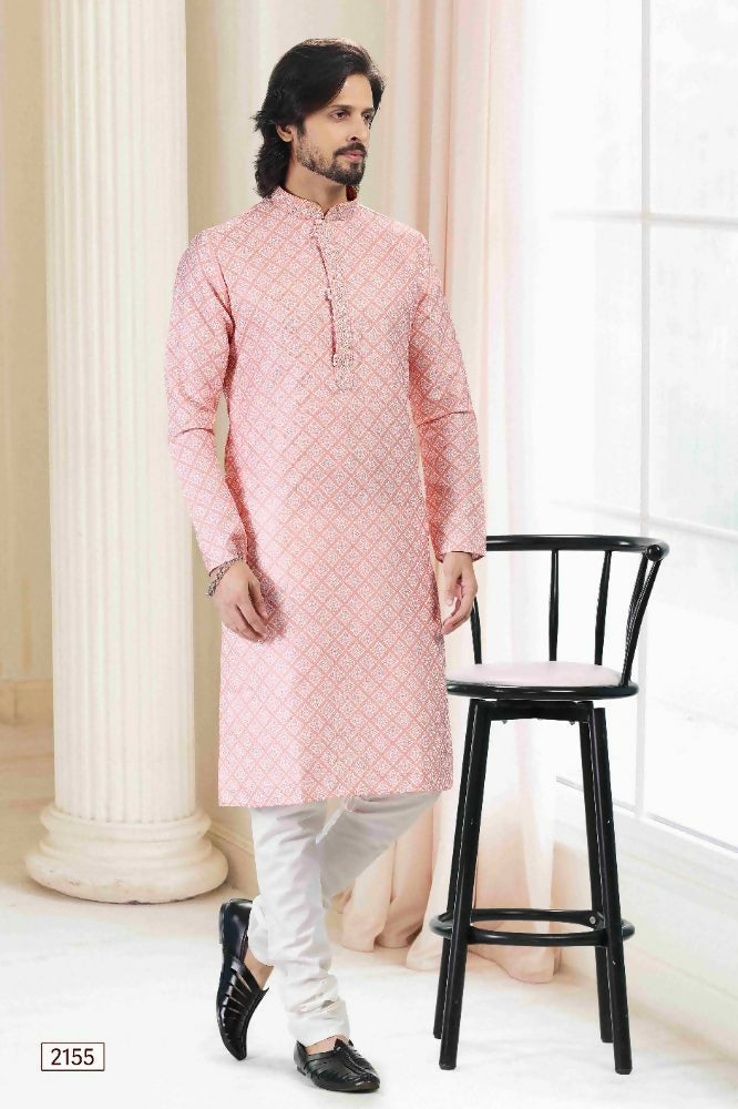 Raivat Ethnic Cotton Thread Work Kurta Pajama In Peach Colour