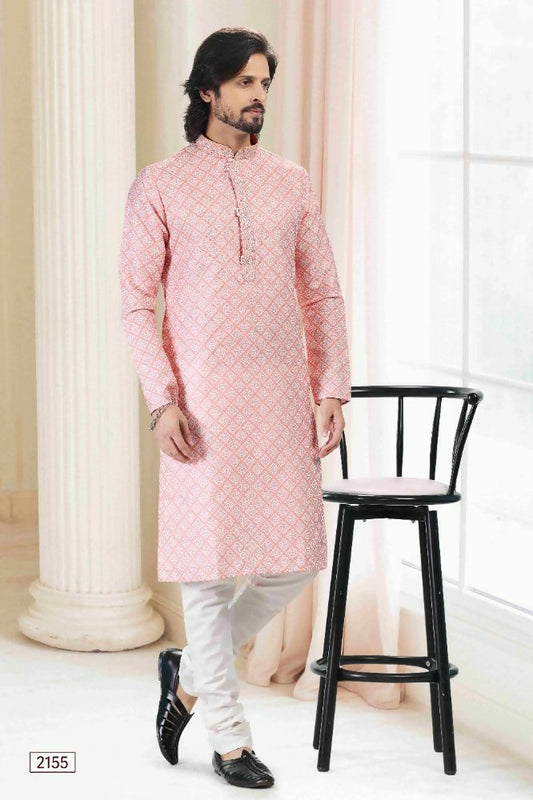 Raivat Ethnic Cotton Thread Work Kurta Pajama In Peach Colour