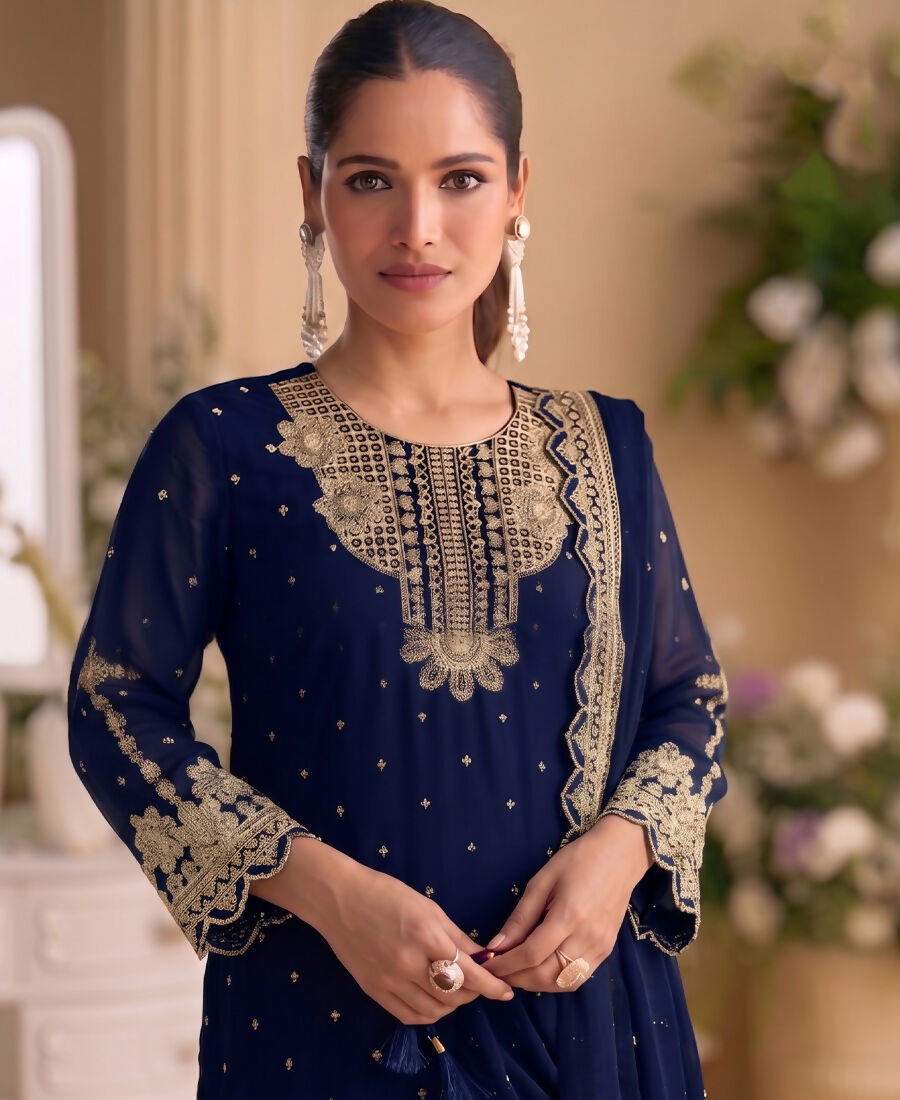 KC New Georgette Short Salwar Kameez Pakistani Style Navy Blue