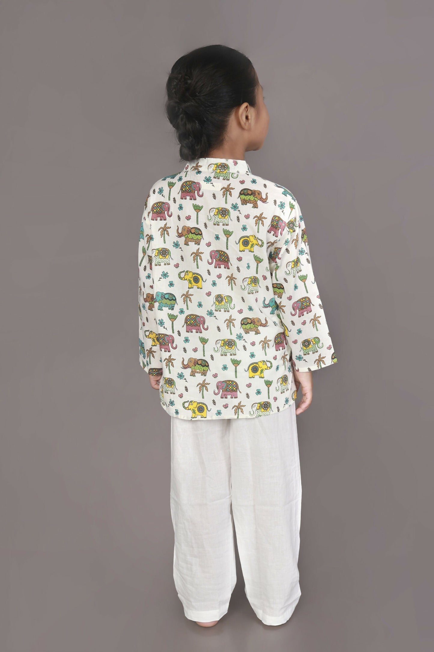 Breathables Kids Cotton Elephant Print Kurta Pyjama Night Suit - White