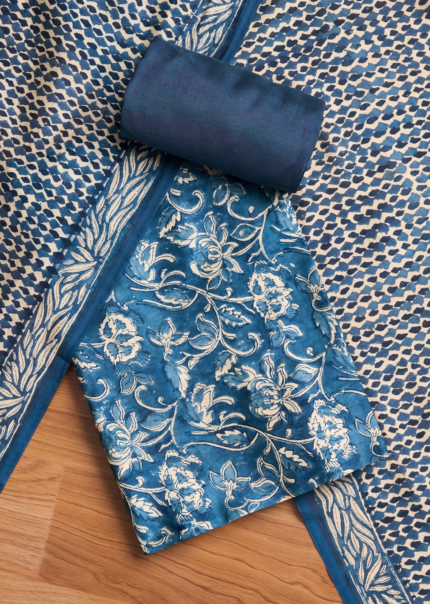 Vibrant Blue Chanderi Printed Unstitched Suit Set