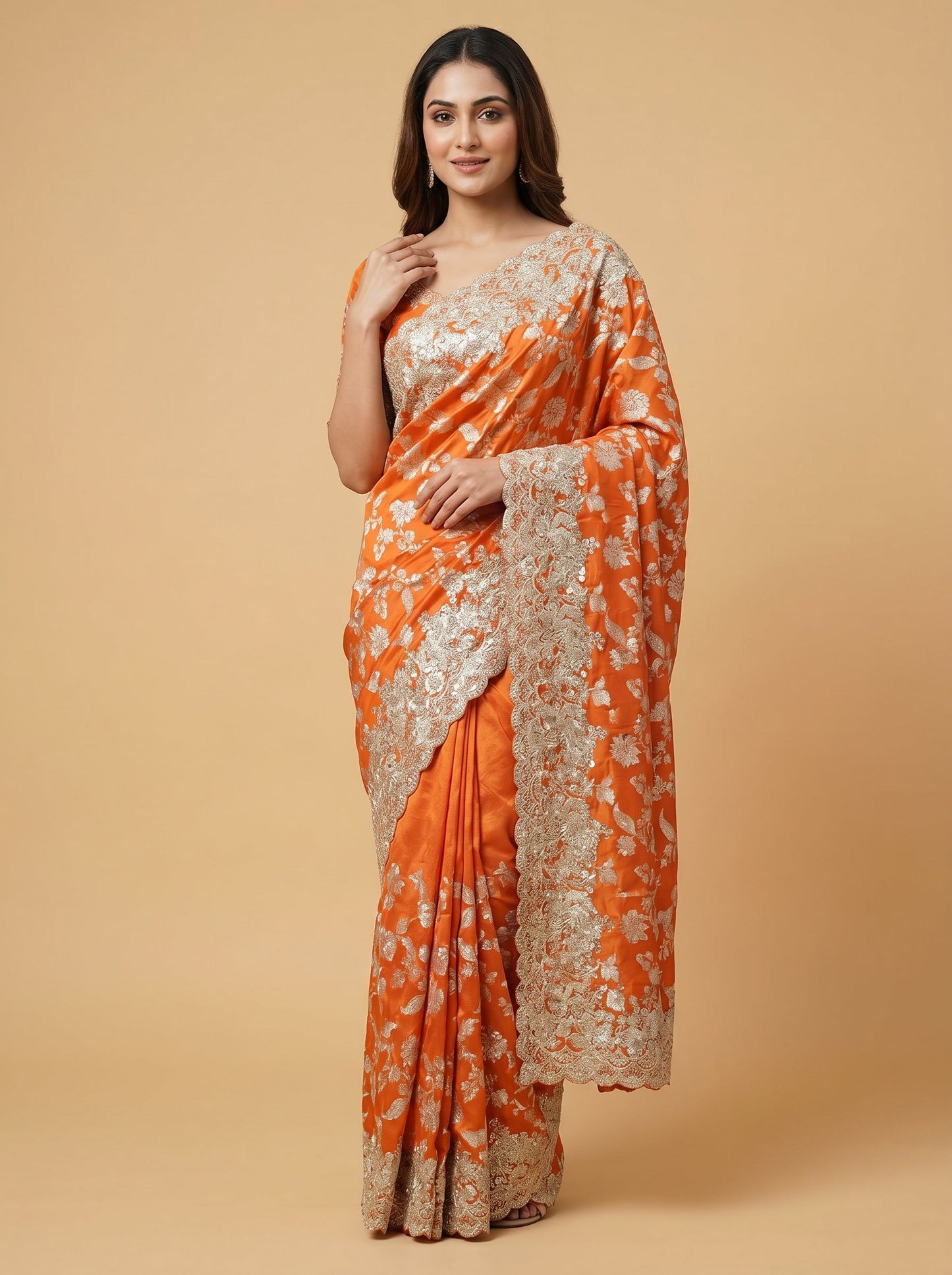 Vibrant Orange Embroidered Saree