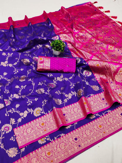 Mameraa Sarees Violet Soft Silk Blend Saree With Zari Weaving Meenakari Design-Violet