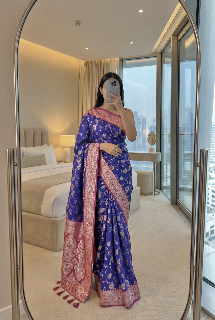 Mameraa Sarees Violet Soft Silk Blend Saree With Zari Weaving Meenakari Design-Violet