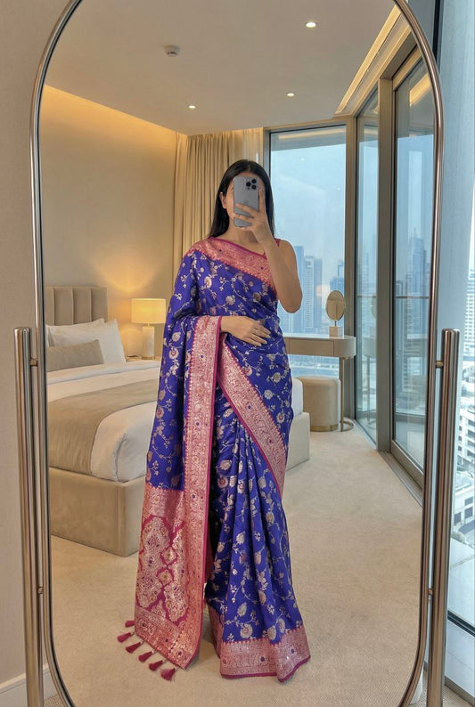 Mameraa Sarees Violet Soft Silk Blend Saree With Zari Weaving Meenakari Design-Violet