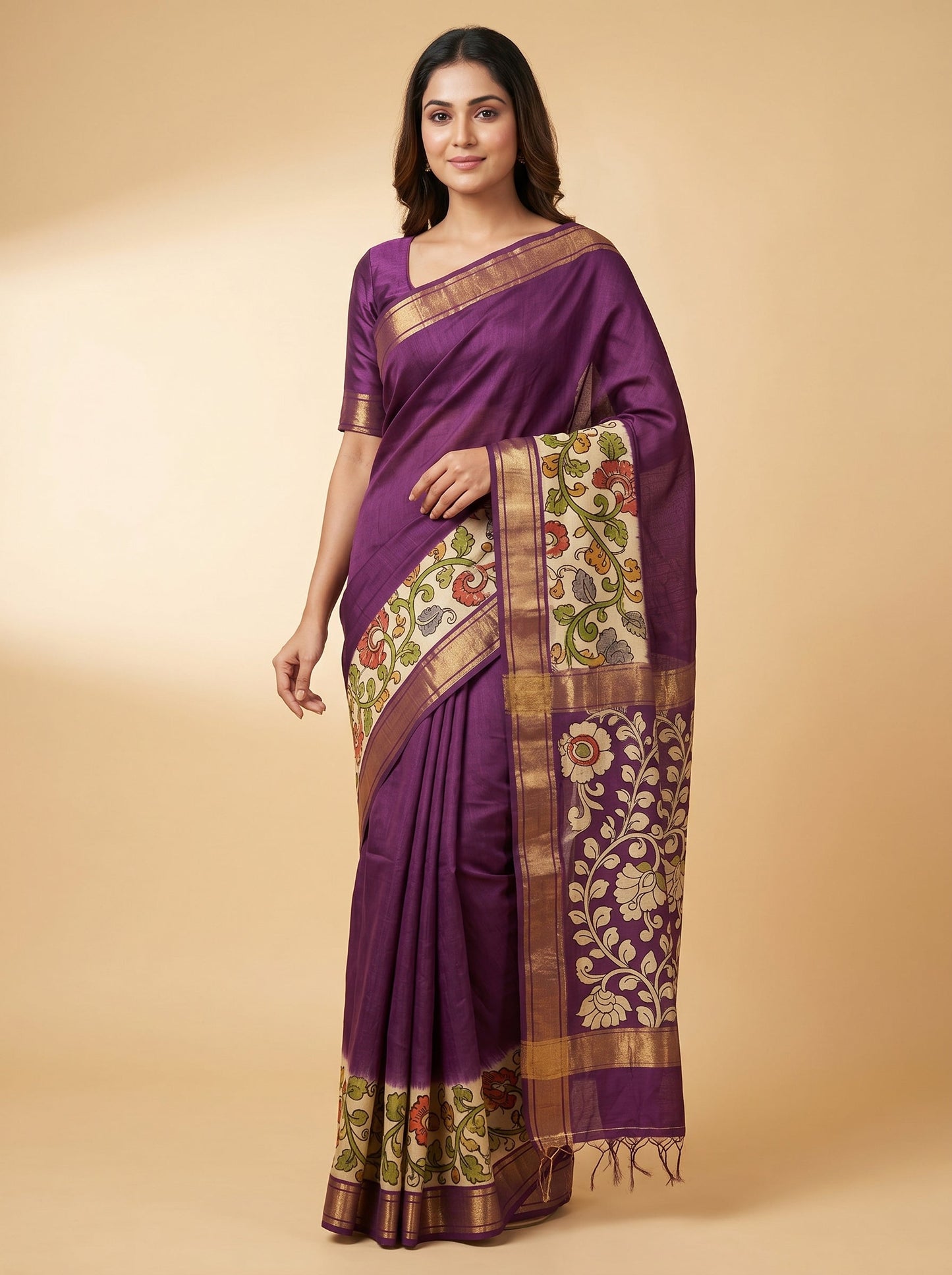 Violet Cream Fusion Saree