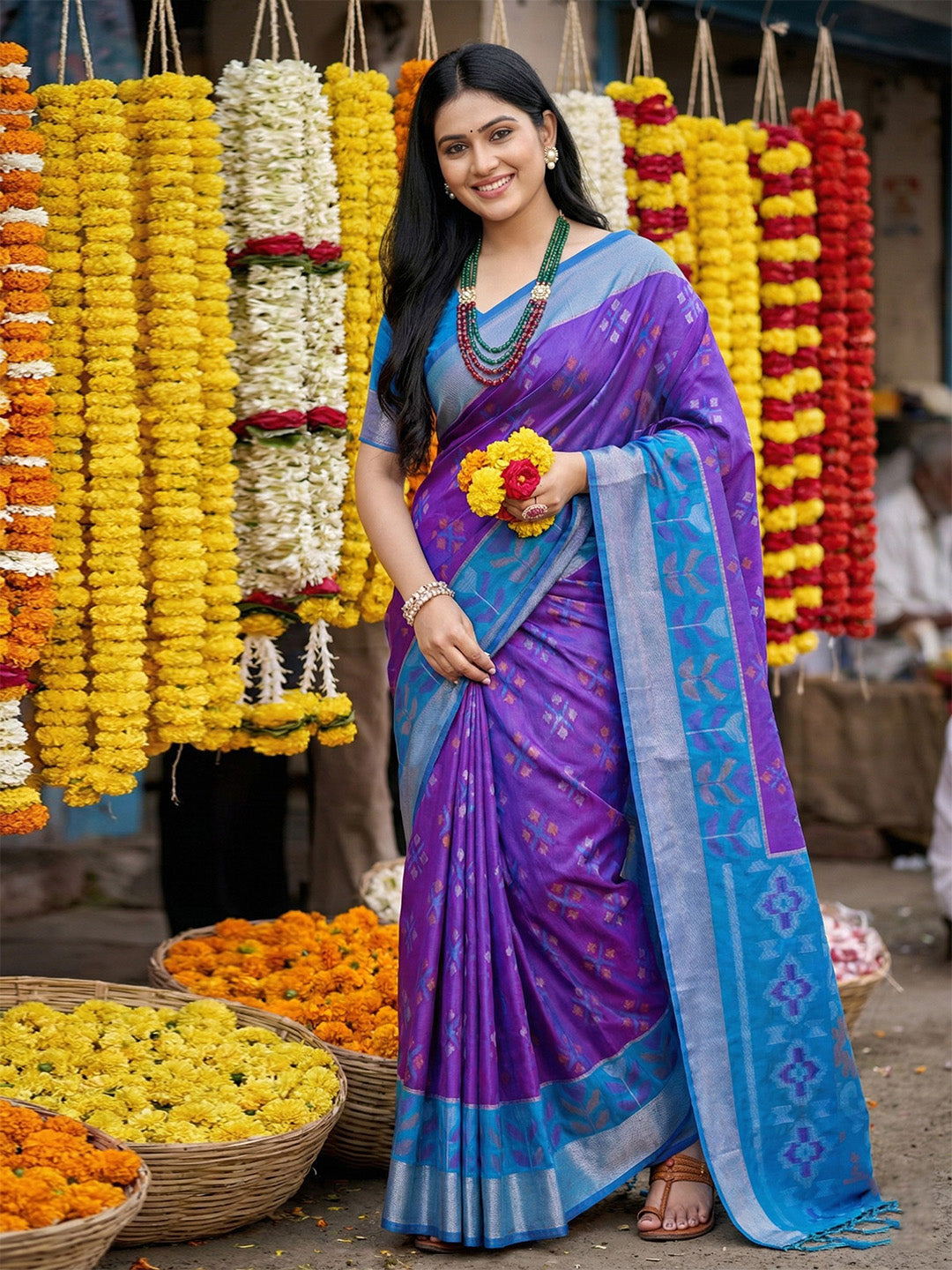Anaita Violet Pochampally Silk Woven Saree With Blouse