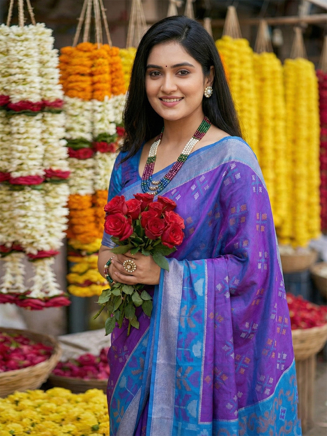 Anaita Violet Pochampally Silk Woven Saree With Blouse
