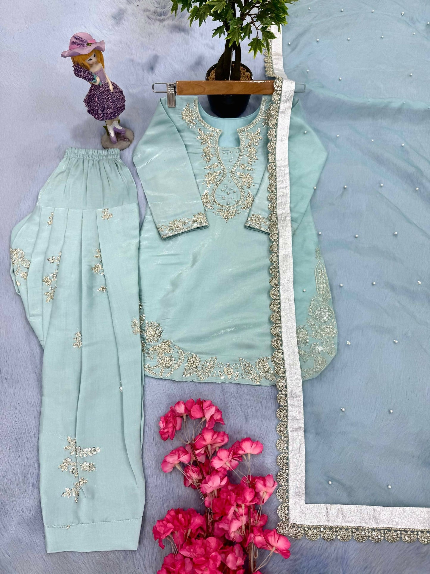 Teeya Creation Womens New Fancy Sky Blue Embroidered Kurta with Salwar & Dupatta Set Palazzo Set