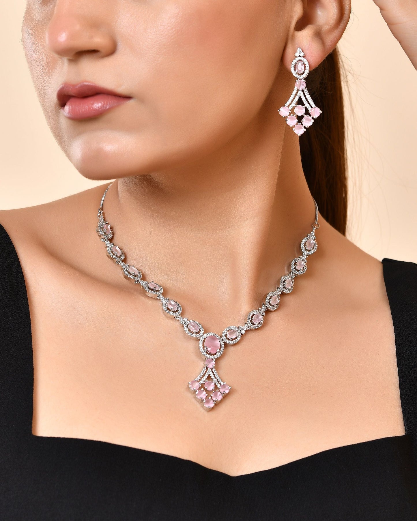 VOJ Silver Plated Baby Pink Ad Stone Studded Necklace Set