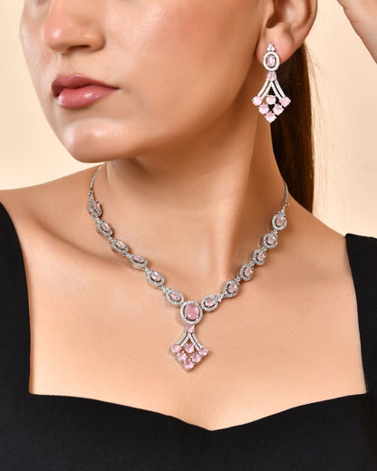 VOJ Silver Plated Baby Pink Ad Stone Studded Necklace Set