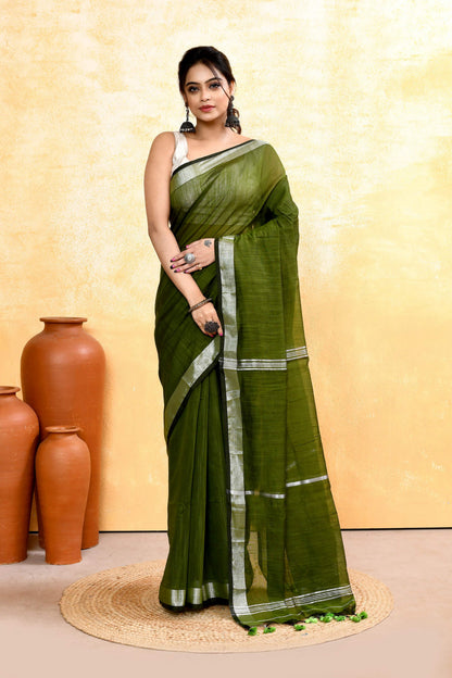 Piyari Fashion Women's Moss Green Embellished Cotton Blend Zari Border Handloom Saree