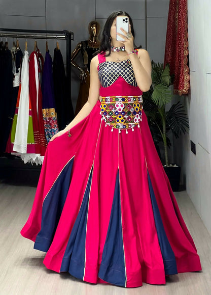 Yash Enterprise Gajari Navy Blue Rayon Cotton Embroidery Semi Stitched Navratri Top Chaniya Choli