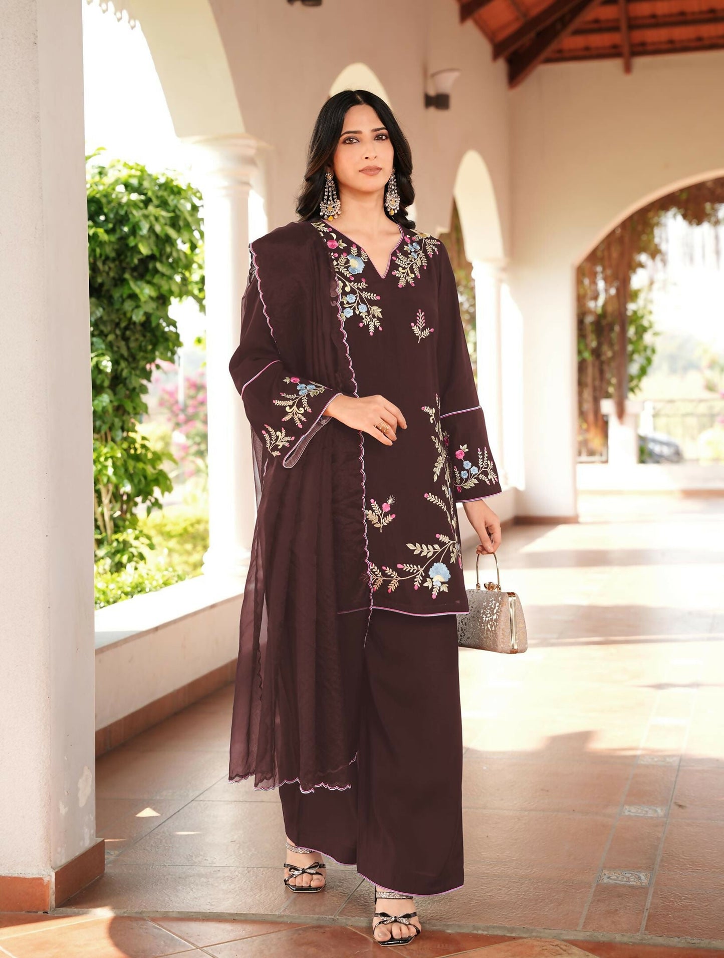 Nikhaar Brown Embroidered Art Silk Stitched Straight Cut Kurta Culottes Dupatta Readymade Suit