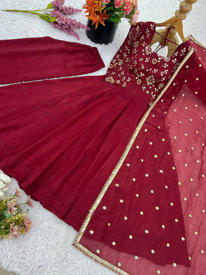 Teeya Creation New Trendy Stylish Elegant Finish With Full Flair Maroon Gown Set