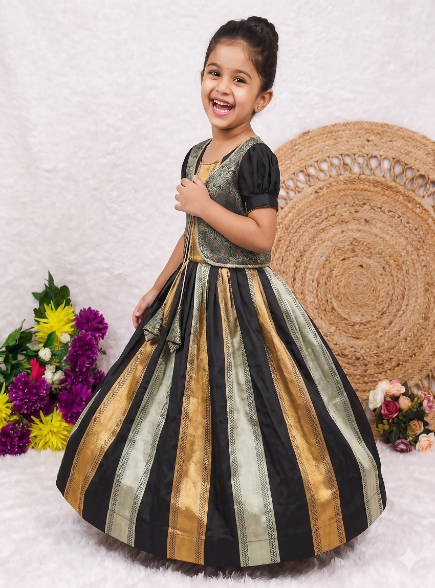 Teeya Creation New Kids Trendy Jet Black Traditional Langa Voni Lehenga Set With Zari Koti Jacket-Black