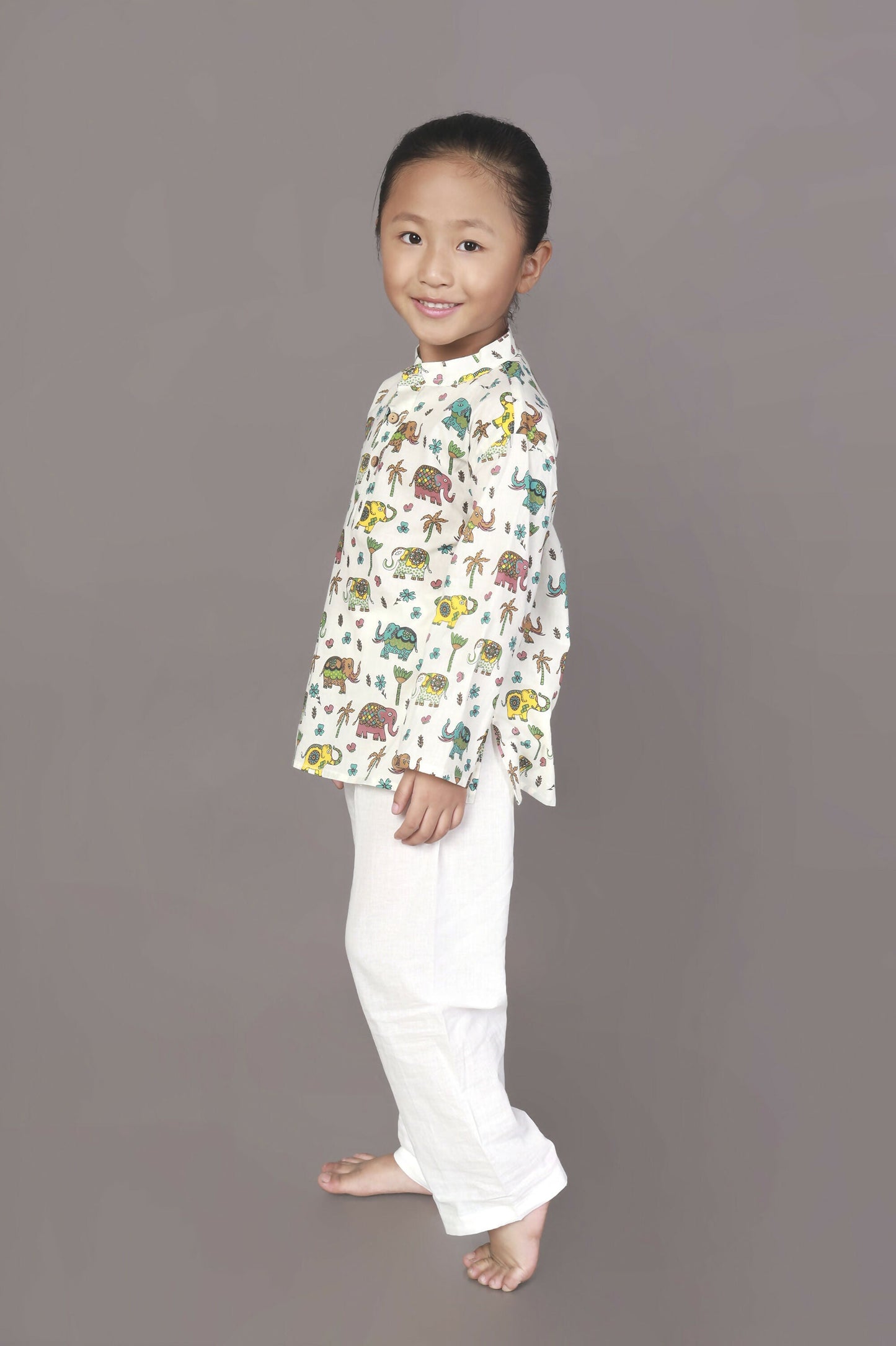 Breathables Kids Cotton Elephant Print Kurta Pyjama Night Suit - White