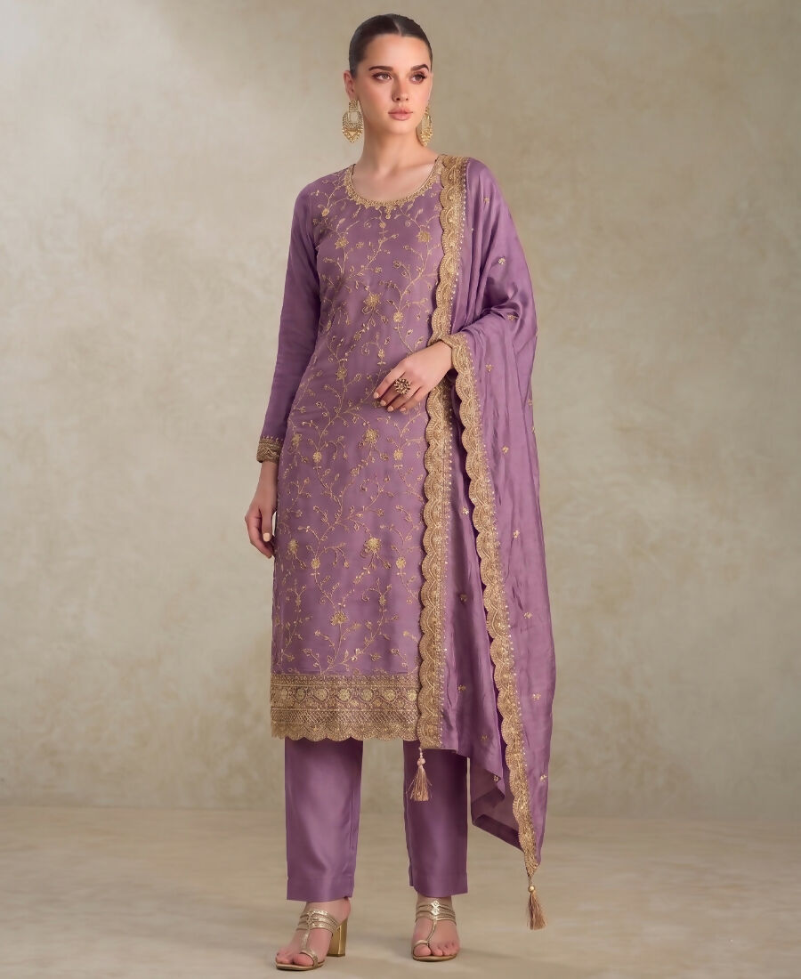 KC Lilac Silk Straight Suit For Women Heavy Embroidery Work