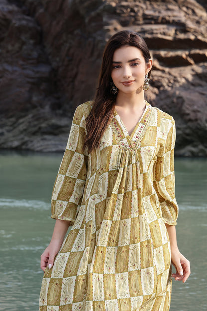 W for Woman Green Paisley Printed Cotton Crepe Gathered Kurta with Mirror Embroidery