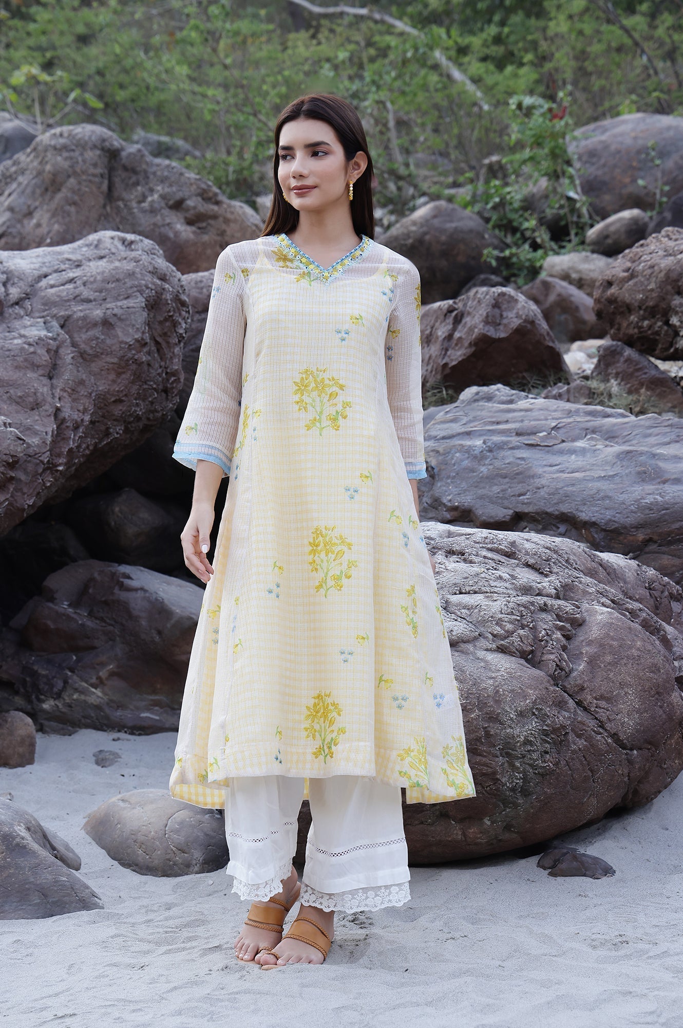 W for Woman White Floral Printed Sequined Kota Layered Kurta