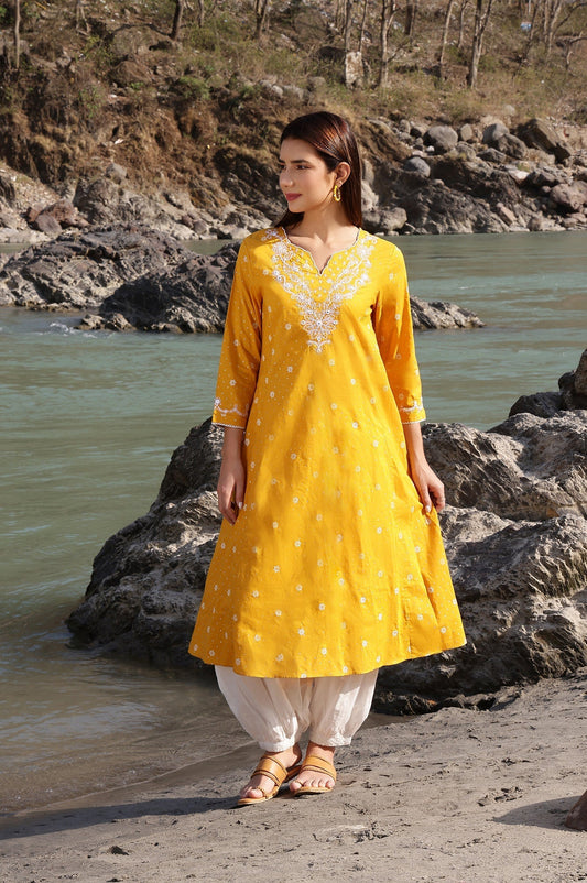 W for Woman Marigold Yellow Printed Cotton Lurex Dobby Flared Kurta with Embroidered Yoke