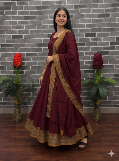 Teeya Creation New Trendy Stylish Maroon Solid Anarkali Kurta with Traditional Golden Border Dupatta Set