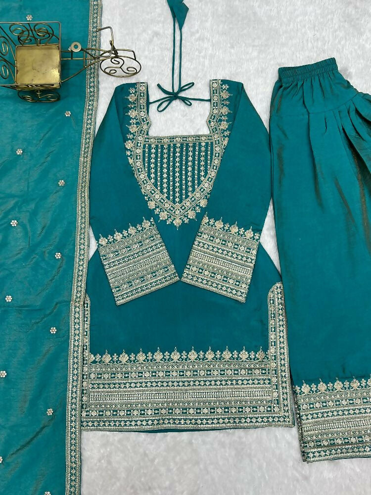 Teeya Creation Designer Rama Green Embroidered Kurta Afghani Pant Set For Festivals