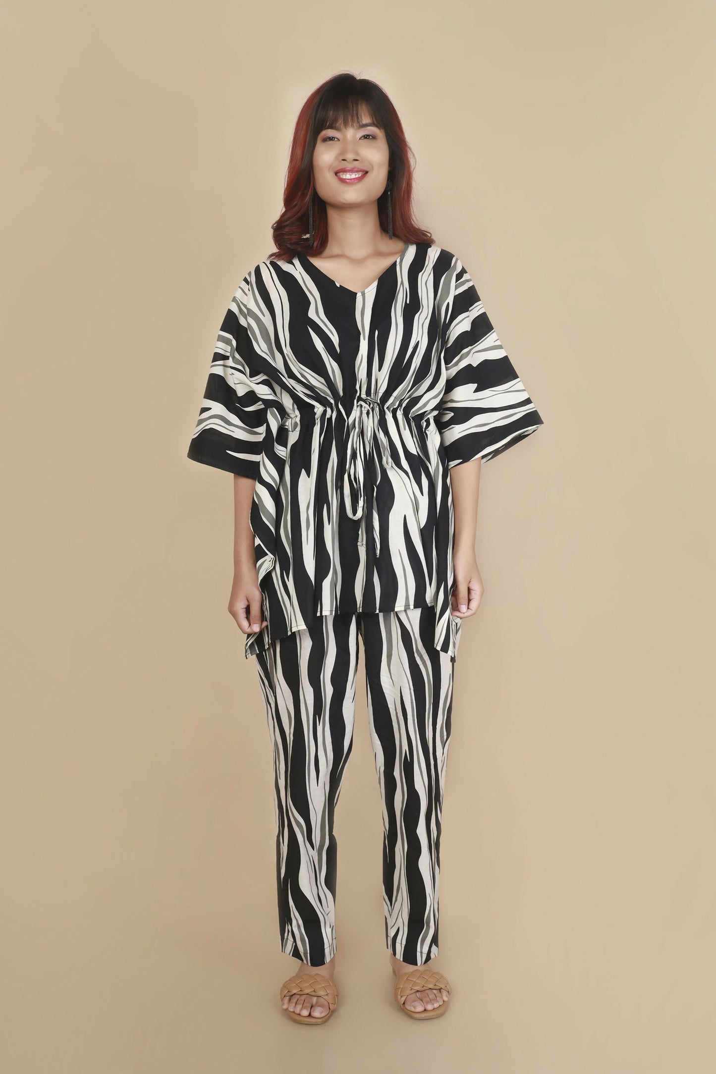 Breathables WomenS Loungewear Kaftan Cotton Black & White Abstract Print Co-Ord Set