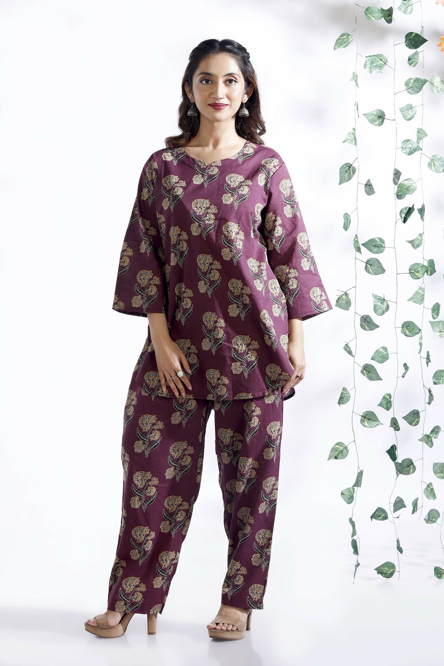 Breathables Wine Butta Cotton Co-Ord Set  Kurta With Straight Pants