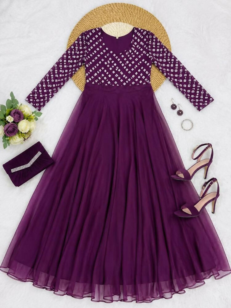 Teeya Creation Women's Wine Bandhani Print Anarkali Gown