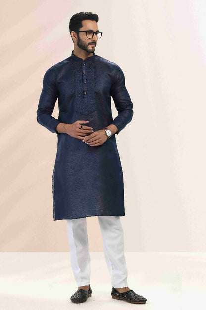 Raivat Ethnic Linen Cotton Pintux Work Kurta Pajama In Blue Colour
