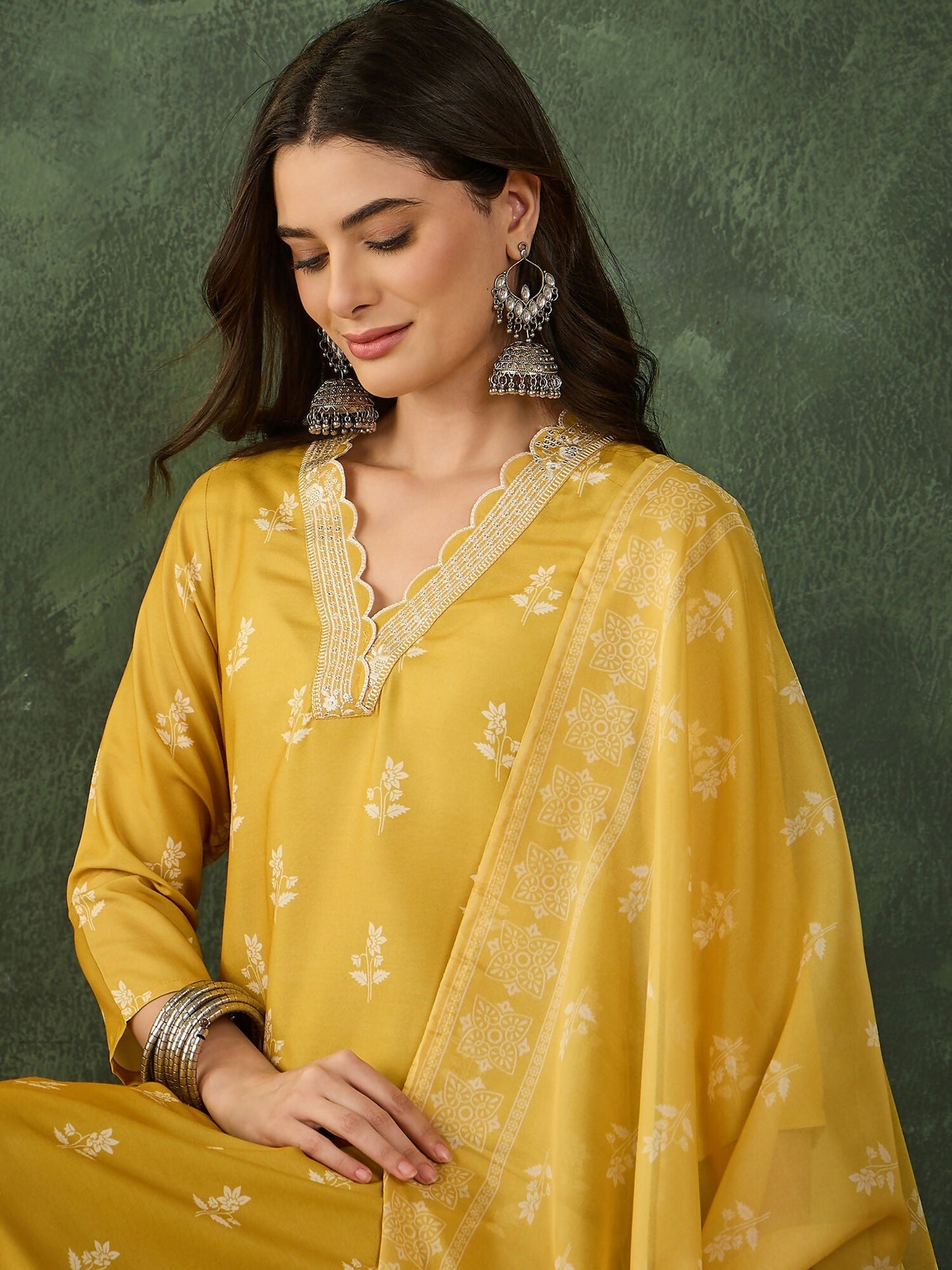 The52 Women's Gorgeous Rayon Fabric Printed Work Straight Kurta Pant and Dupatta Set-Yellow