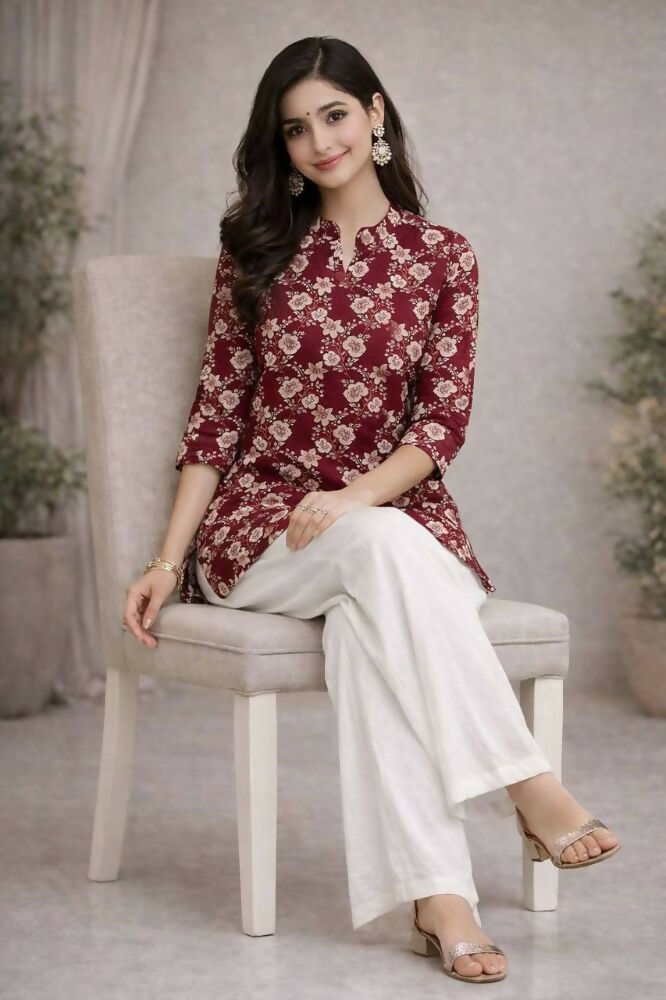 Teeya Creation Womens New Trendy Red Flower Floral Printed Short Kurti with Beige Palazzo Set