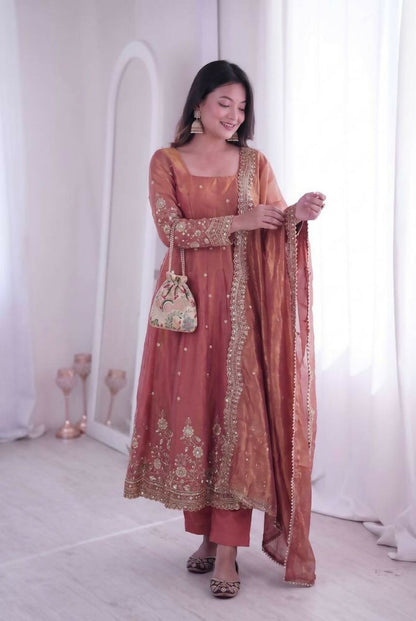 Teeya Creation Womens New Latest Trendy Elegant Peach Embroidered Anarkali Suit Set with Scalloped Dupatta