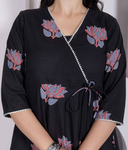 Miravan Womens Cotton Floral Print Anarkali Kurta-Black