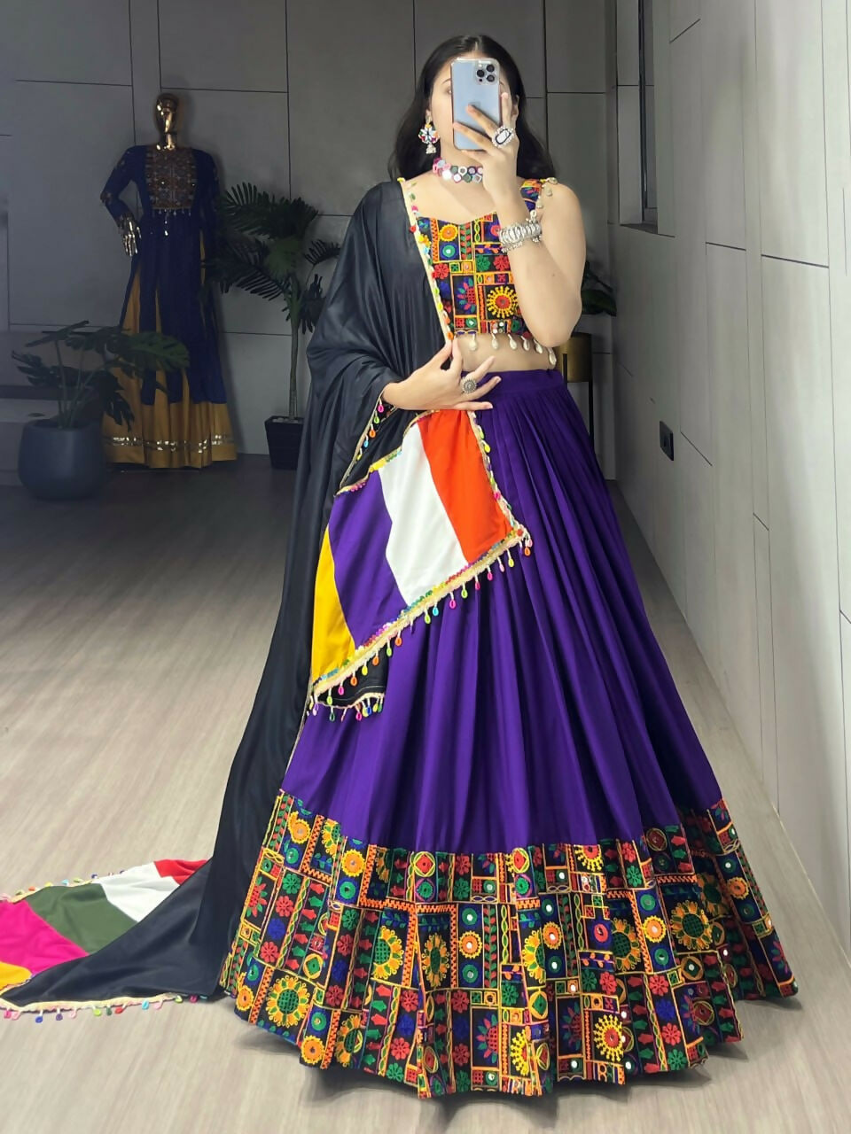 Yash Enterprise Purple Rayon Cotton Embroidery Semi Stitched Navratri Chaniya Choli