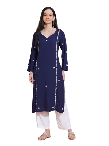 Pahnaz Luxury Rayon Chikankari Long Kurti-Blue