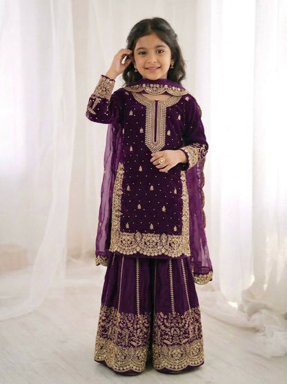 Teeya Creation Girls Heavy Embroidery Purple Ethnic Kurta And Palazzo Set With Net Dupatta