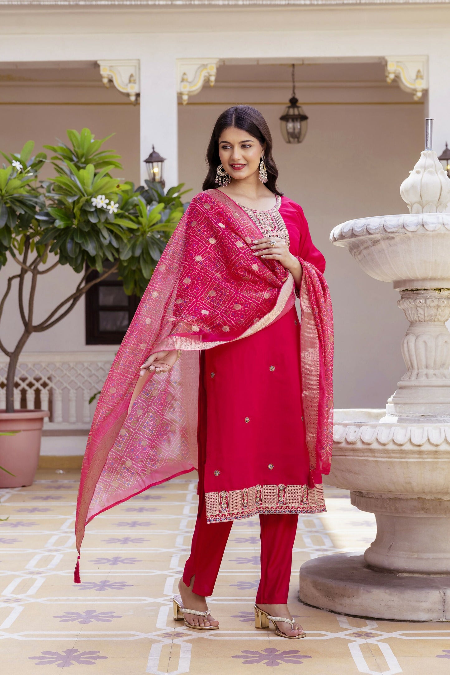 The52 Women's Beautiful Embroidery Work Viscose Chanderi Fabric Straight Kurta Pant and Dupatta Set-Red