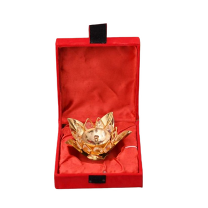 CraftVatika Brass Crystal Lotus Shape Diya Deepak With Gift Box