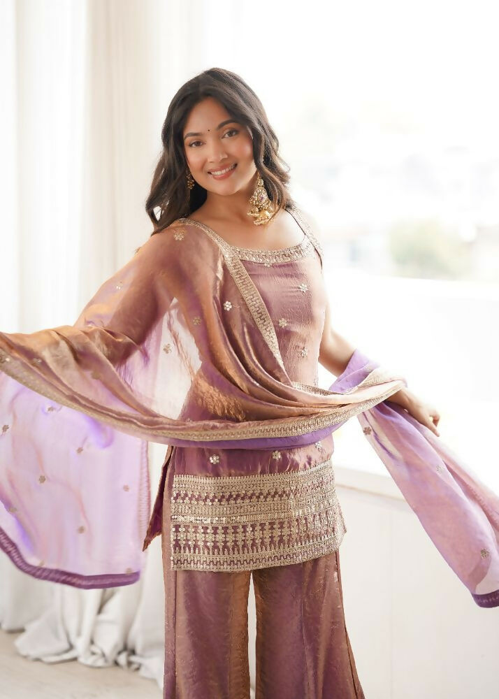 Teeya Creation Mauve Pink Embroidered Frendy Silk Sharara Suit Set