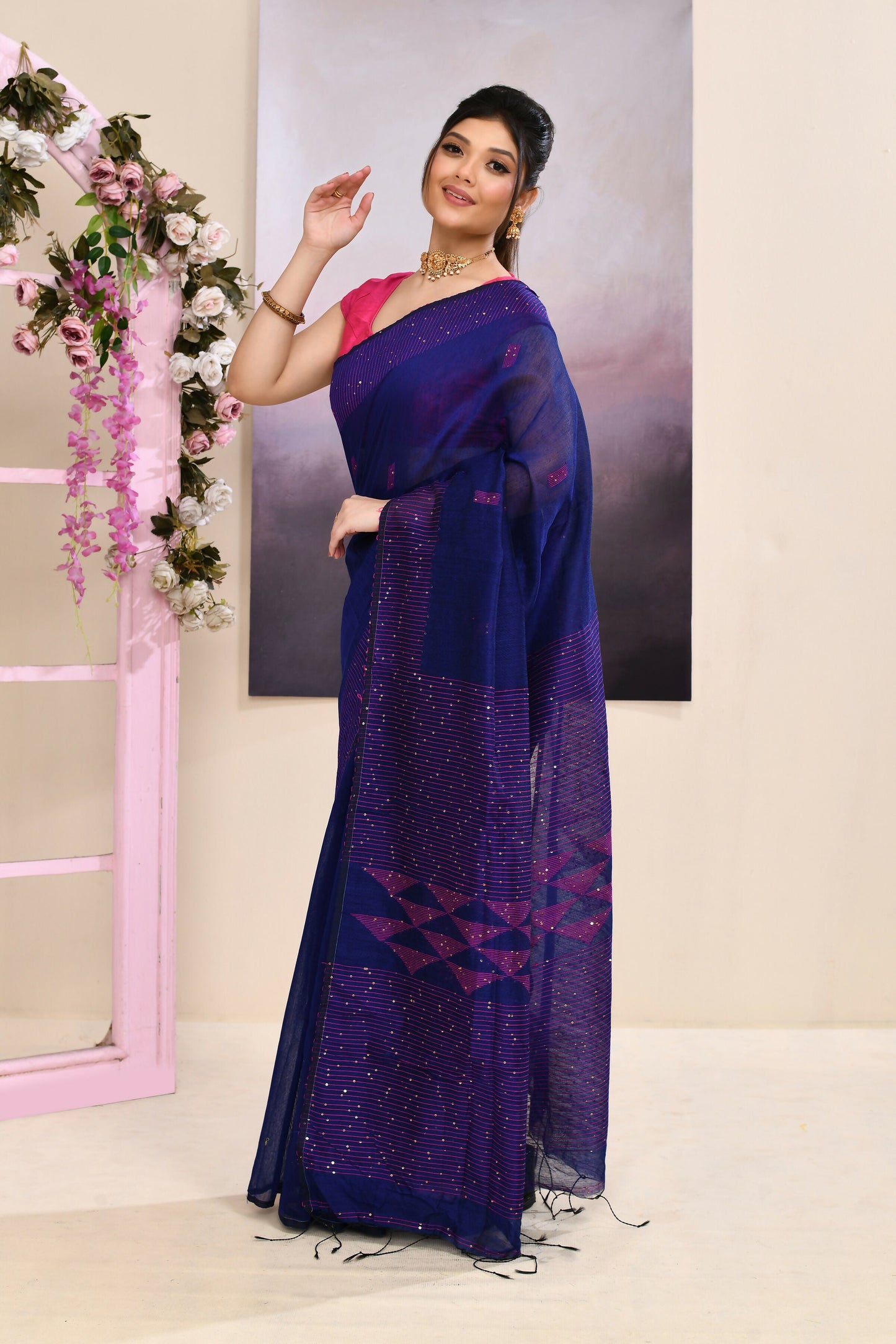 Piyari Fashion Women's Blue Sequins Embellished Cotton Blend Jamdani Saree