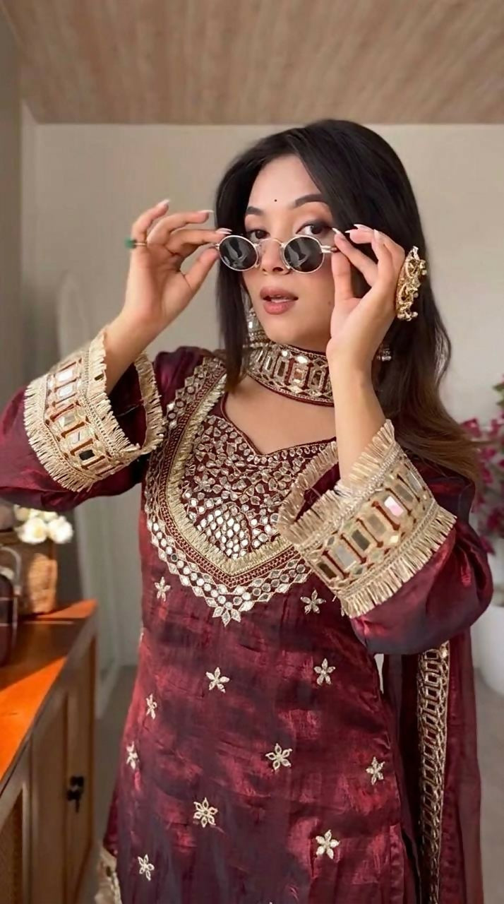 Teeya Creation New Trendy Stylish Real Mirror Work With Lace Border Maroon Kurta Set