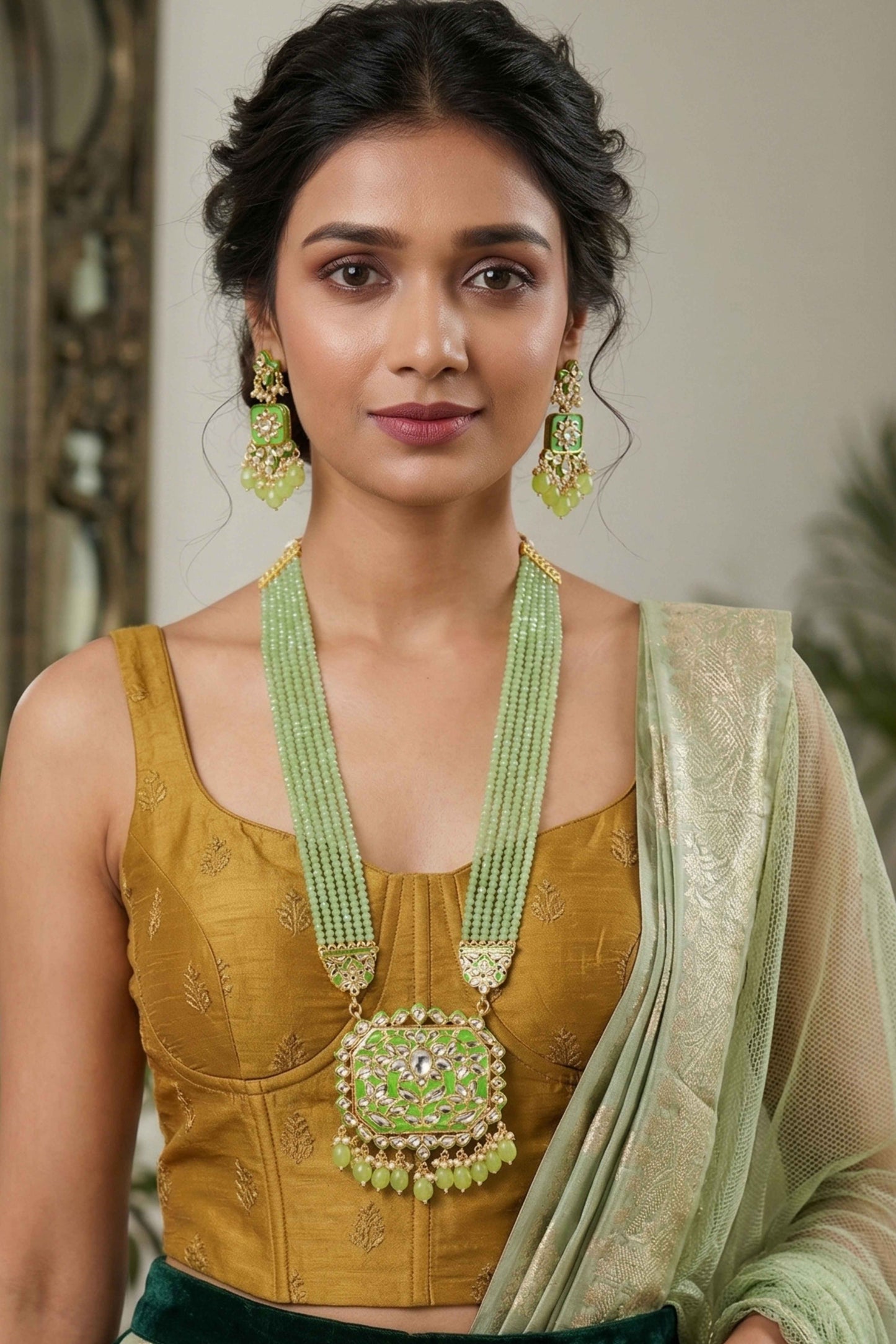Green beaded long necklace