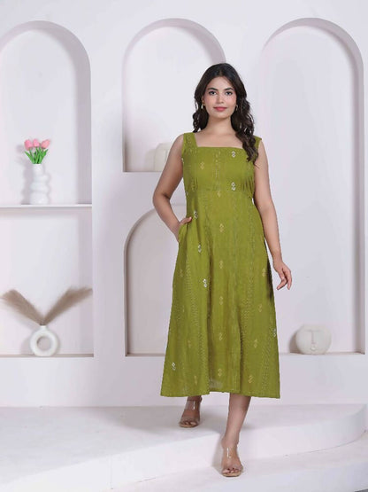Miravan Womens Abstract Printed Green ALine Maxi Dress